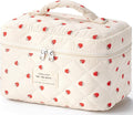 HBselect Christmas Gifts Large Quilted Makeup Bag, Cute Cotton Travel Makeup Bag with Handle, Portable Coquette Floral Make up Bags, Toiletry Organizer Make up Bags for Women Teen Girls Mom