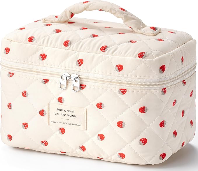 HBselect Christmas Gifts Large Quilted Makeup Bag, Cute Cotton Travel Makeup Bag with Handle, Portable Coquette Floral Make up Bags, Toiletry Organizer Make up Bags for Women Teen Girls Mom