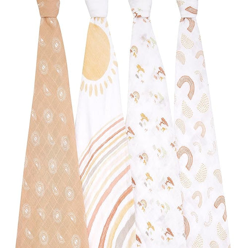 aden + anais Boutique Muslin Swaddle Blanket for Baby Girls and Boys, Newborn Receiving Blanket for Swaddling, 100% Muslin Cotton Swaddle Wrap,4 Pack, Keepin Rising