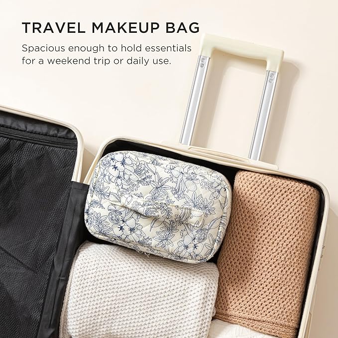 HBselect Christmas Gifts Large Quilted Makeup Bag, Cute Cotton Travel Makeup Bag with Handle, Portable Coquette Floral Make up Bags, Toiletry Organizer Make up Bags for Women Teen Girls Mom