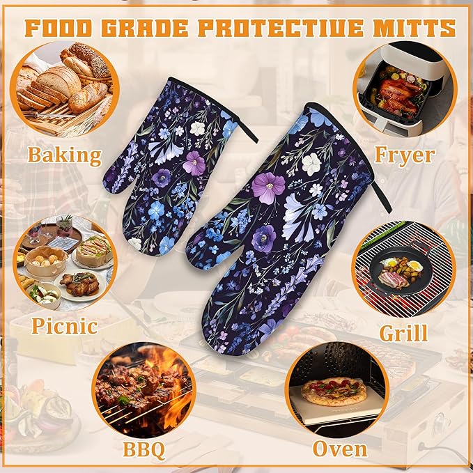 Wildflowers Oven Mitts and Pot Holders,Vintage Garden Herb Flower Heat Resistant Oven Mitts Gloves and Pot Holder for Home Kitchen Decorations Cooking Baking BBQ Gifts,Set of 4