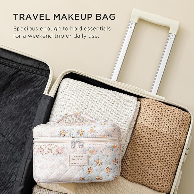 HBselect Christmas Gifts Large Quilted Makeup Bag, Cute Cotton Travel Makeup Bag with Handle, Portable Coquette Floral Make up Bags, Toiletry Organizer Make up Bags for Women Teen Girls Mom