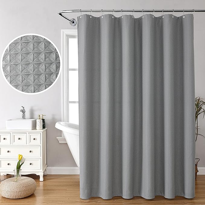 MISS SELECTEX Fabirc Shower Curtain for Bathroom, 230GSM Matt Waffle Water Repellent Durable Fabric Spa Hotel Shower Curtain, Machine Washable Cloth Shower Curtain(72Wx84H,Grey)