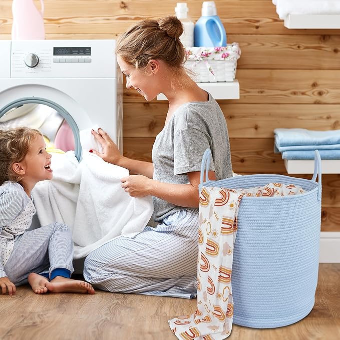 XUANGUO Cotton Rope Laundry Basket Hamper for Clothes Woven Storage Basket for Living Room Bedroom Boho Tall Rope Baskets for Blanket Toys Pillow Towels Baby Nursery Hamper Bin light blue