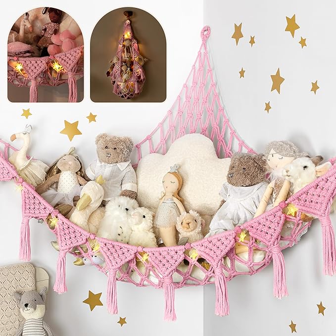 TIDYTEDS Stuffed Animal Hammock Corner | Sturdy Handcrafted Stuffed Animal Net | 4mm Double Macrame Cord Stuffed Animal Holder | Natural 100% Cotton Plushie Net | Toy Hammock w/LED Light (Pink)