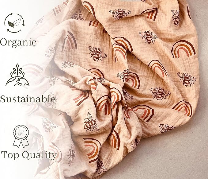 Leyl&Ari Muslin Baby Swaddle Blanket 100% Organic Cotton Receiving Wrap (Rainbow & Bee)
