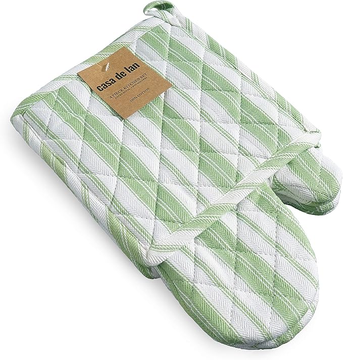 Oven Mitts & Potholder Set - Durable Heat Resistant Gloves - Thick Mittens for Kitchen - Suitable for Cooking, Baking, Grilling – BBQ - 2 Oven Mitts & 2 Potholders – Grass Green Stripes - Casa De Lan