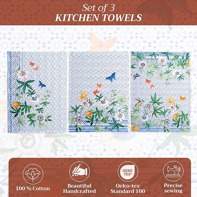 Maison d' Hermine Kitchen Towels Set of 3 100% Cotton 27.50" x 20" Reusable Cloth Tea Dish Towels Absorbent with Hanging Loop for Kitchen, Home, Dining, Cocktail Parties Spring/Summer (Passiflora)