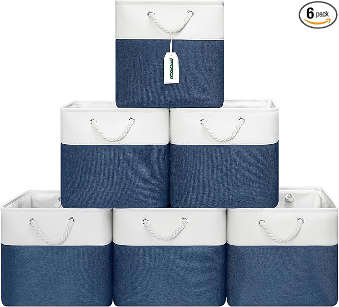 ECDYQXVU 13x13 Inch Cube Storage Bins with Reinforced Bottom Cardboard, 6 Pack Large Foldable Fabric Storage Cubes with Handles for Shelf, Closet, Laundry Organization (White&Navy Blue)