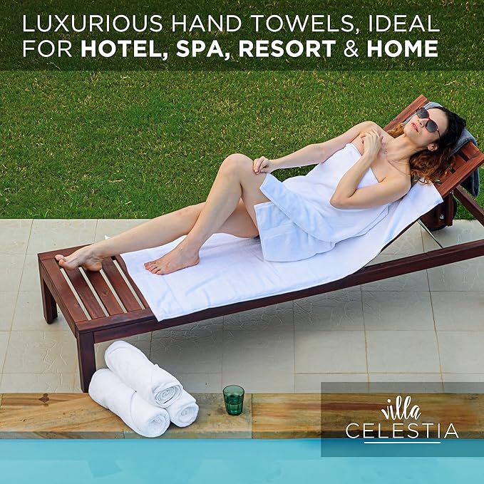 Villa Celestia 100% Cotton Hand Towel Set of 4, (16 x 28 inches) Sustainable, Soft, Highly Absorbent, Quick Drying, Combed Cotton Hand Towels Pack of 4 Ideal for Hotels, Spa, Bathroom, Dorm, White