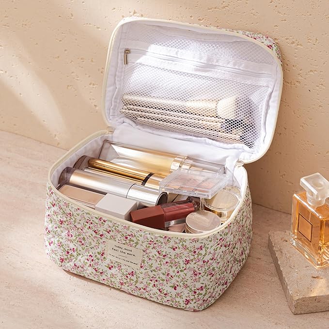 HBselect Christmas Gifts Large Quilted Makeup Bag, Cute Cotton Travel Makeup Bag with Handle, Portable Coquette Floral Make up Bags, Toiletry Organizer Make up Bags for Women Teen Girls Mom