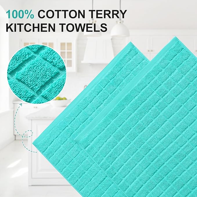 Homaxy Premium Cotton Kitchen Towels 16"x 28", Large Natural Ring Spun 390 GSM Dish Towels, Super Absorbent Terry Kitchen Hand Towels, Soft Tea Towels with Hanging Loop, Pure Aqua Design, 8 Pack
