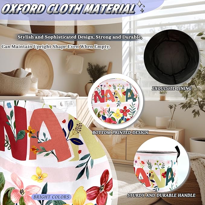 Cute Floral Flowers Laundry Hamper Foldable Oxford Cloth Colorful NANA Laundry Basket With Handle Portable Clothes Storage Basket Funny Laundry Bag 18.9"x16.5" For Laundry Room/Bedroom/Bathrooms
