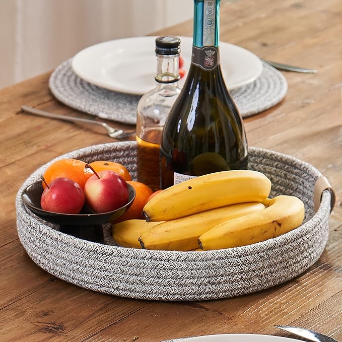 Art PineCone's Woven Cotton Rope Round Placemats Set of 4 with Holder Included, Non-Slip, and Heat Resistant Shabby Chic Placemats (Heather Gray, 13 inch)