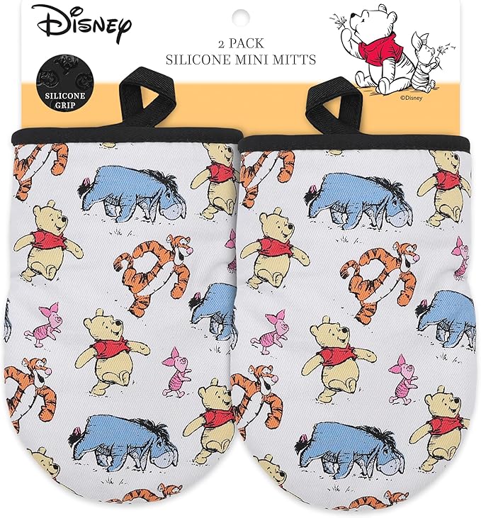Disney Oven Mitts - 5.5” x 7.5” Heat-Resistant Mini Oven Mitts with Non-Slip Printed Silicone Disney Silhouettes - Mickey & Minnie, Stitch, Winnie The Pooh