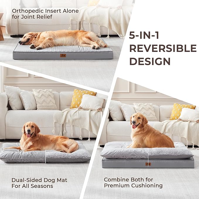 Warmrest 2-Pack XL Waterproof Dog Bed Large Size Dogs, Plush Cushion & Orthopedic Egg-Crate Foam Mattress for Senior Dogs, Washable Dog Crate Bed with Removable Cover, Light Grey