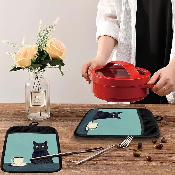 Turquoise Coffee Black Cat Pot Holders with Pockets, Cat Kitchen Decor, Vintage Quirky Black Kitten Oven Pot Holders Heat Resistant Oven Mitts Hot Pads for Kitchen Baking Cooking