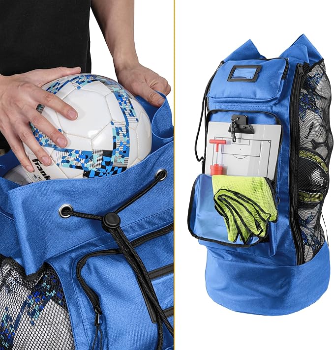 Fitdom Heavy Duty XL Soccer Mesh Equipment Ball Bag w/Adjustable Backpack Shoulder Strap Design for Coach. 2 Different Size Front Pockets for Sporting Accessories.