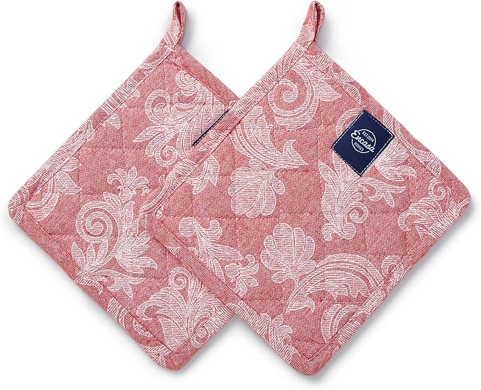 Pot Holders for Kitchen | Heat Resistant Pads | Set of 2 | Hot Dish Holder Sets | 8x8 in |for Cooking, Baking, Grilling, Microwave & BBQ, Chambray Red by Encasa XO
