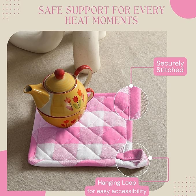 Buffalo Plaid Check Oven Mitts and Pot Holders Set, 100% Cotton, Heat Resistant, 2 Oven Gloves (7x13 Inches) and 2 Hot Pads (8x8 Inches) for Cooking and Baking, Rose Pink White