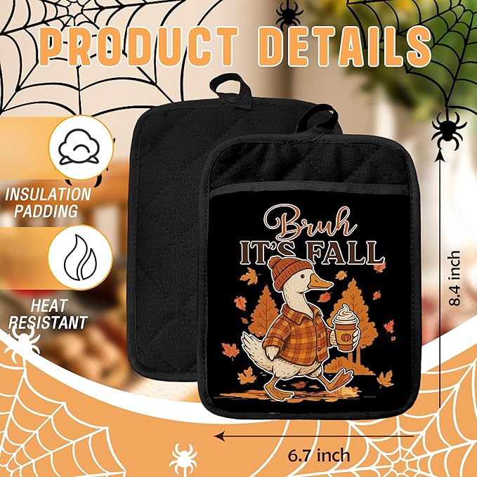 Funny Fall Goose Pot Holders with Pockets, Autumn Pumpkin Spice Coffee Cozy Goose Maple Leaf Oven Pot Holders Heat Resistant Oven Mitts Hot Pads for Kitchen Baking Cooking
