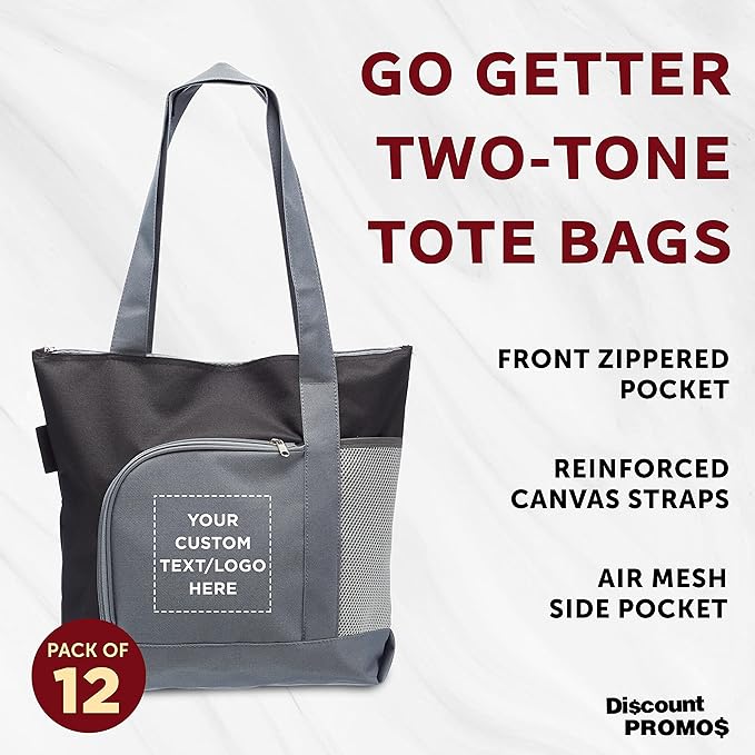 DISCOUNT PROMOS Custom Go Getter Sport Tote Beach Bags Set of 12, Personalized Bulk Pack - Reusable, Great for Shopping, Beach, Picnic, Other Outdoor Adventure - Black