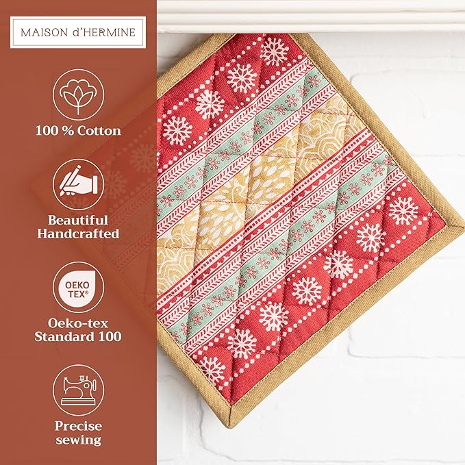 Maison d' Hermine Pot Holders Set 100% Cotton Heat Resistant Potholders 8" x 8" Hot Pads with Loop for Thanksgiving Christmas Decorations BBQ Cooking Baking Handling Hot Pans (Pack of 2, Sofia)