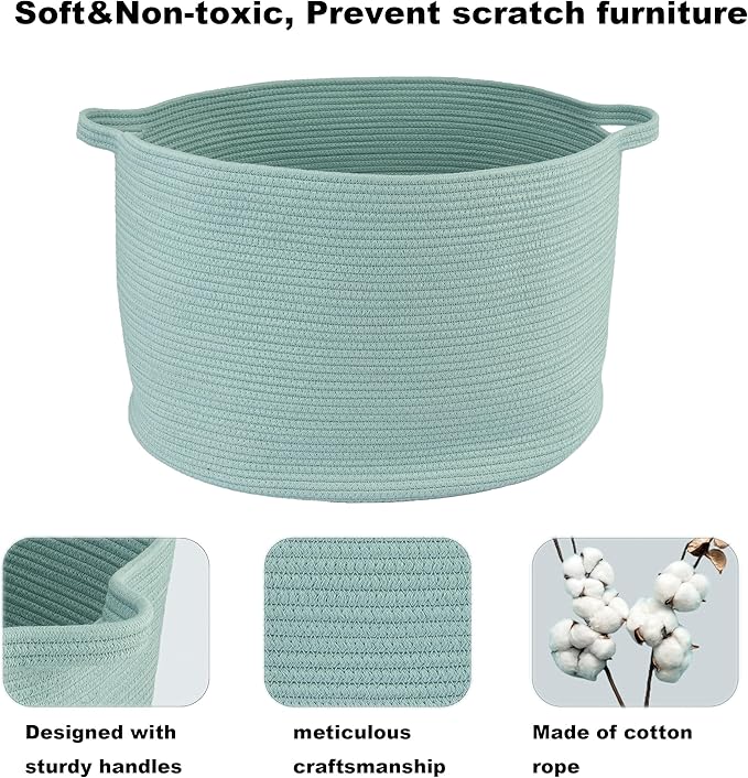 XUANGUO Large Cotton Rope Basket – 22"x14" Woven Storage Basket for Blankets, Toys, Laundry, and Nursery – Round Baskets for Living Room, Kids, and Pets Light Green