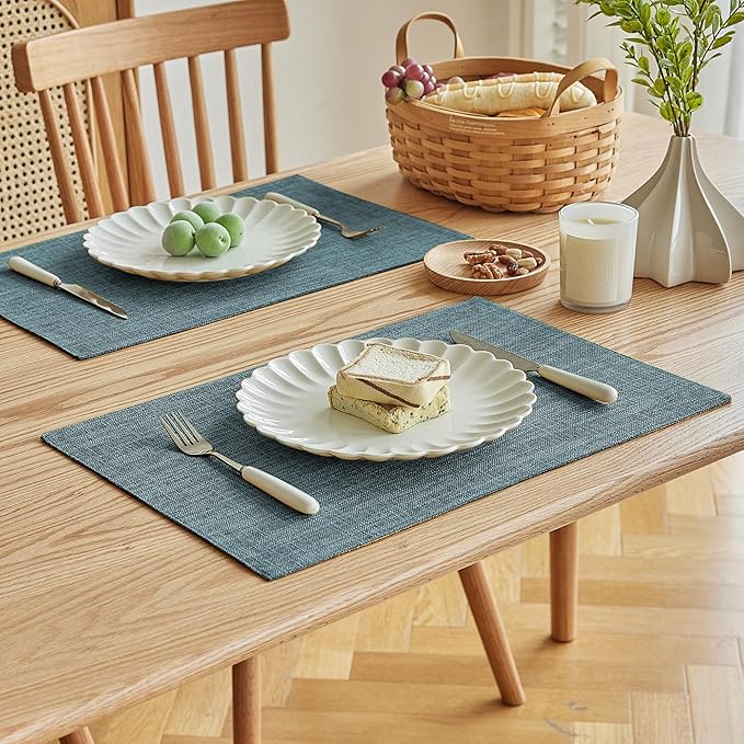 Softalker Faux Linen Placemats Set of 4-12 x 18 Inch, Heat Resistant Double Layered Durable Burlap Farmhouse Place Mats, Non-Slip Washable Rustic Table Mats for Dining, Kitchen, Party（Light Blue