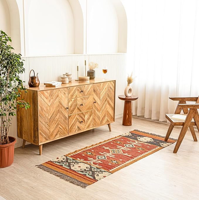 Jute Traditional Kilim Rug Boho Flatweave Area Rug for Living Room, Living Room Entryway, Tribal Series, 2'6"x8'