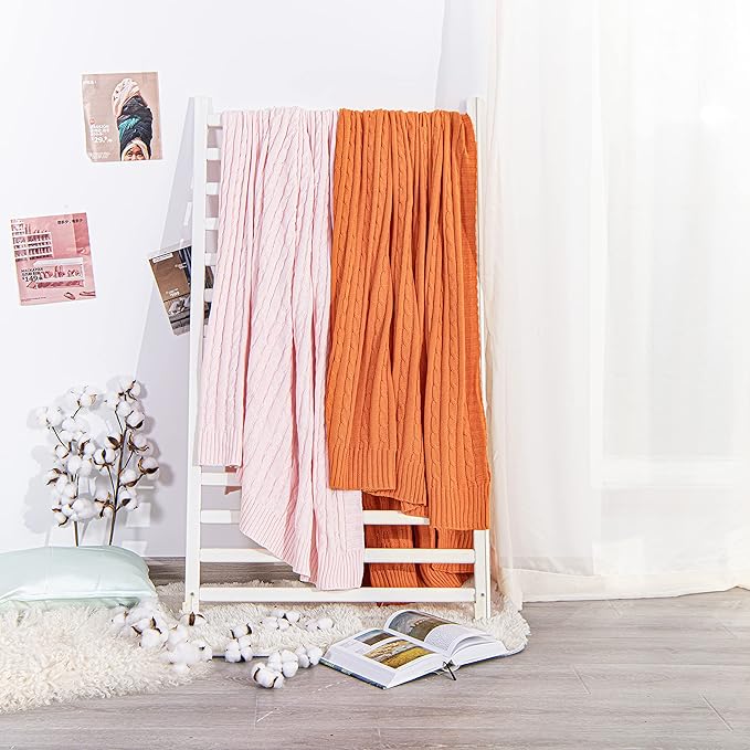 NTBAY 100% Pure Cotton Cable Knit Throw Blanket, Super Soft Warm 51x67 Knitted Throw Blanket for Couch, Sofa, Chair, Bed - Extra Cozy, Machine Washable, Comfortable Home Decor, Baby Pink