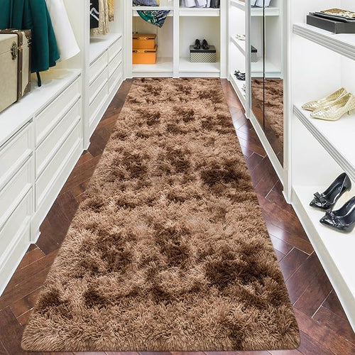 3x10 ft Plush High Pile Brown Tie Dyed Rug Fluffy Soft Runner Bedside Rug for Bedroom Living Room Hallway Nursery Kids Home Decor Shag Carpet