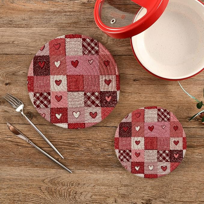 Valentine's Day Pink Hearts Trivet Mat 2PCS Plaid Tartan Round Woven Potholders Kitchen Table Countertop Protector Hot Pads Farmhouse Coasters Counter Mats for Cooking Baking