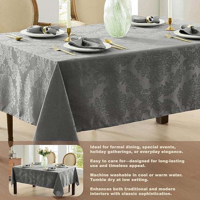 Newbridge Barcelona Damask Fabric Tablecloth, 52 x 70 Inch Rectangle, Grey – No Iron, Soil Resistant Table Cover for Dining, Parties and Holidays