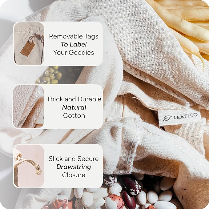 LEAFICO Multipurpose Eco Cloth Bags - Large 10x12 Inch (12 Pack) - Cotton Produce Storage Sacks - Muslin Drawstring Pouches for Vegetables - Bread Bags - Linen Fabric Sachets
