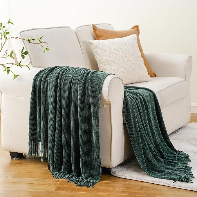 BATTILO HOME Dark Green Throw Blanket for Couch, Soft Chenille Knit Throws with Tassels for Home Decor, Christmas Green Throws for Bed Couch Cover, 60"x80"