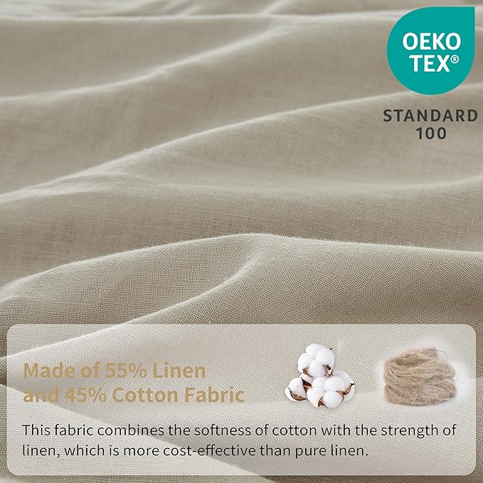 Simple&Opulence Belgian Linen Sheet Set Solid Color - 4 Pieces (1 Flat Sheet & 1 Fitted Sheet & 2 Pillowcases) Natural Flax Cotton Blend Soft Bedding Breathable Farmhouse - Khaki, Queen Size