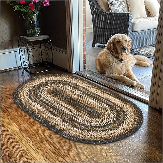 Homespice Kilimanjaro Black & Tan Oval Jute Rug 20x30 - Braided Kitchen Rugs for Primitive Farmhouse Kitchen Decor, Reversible, No Shed Jute for Easy Maintenance