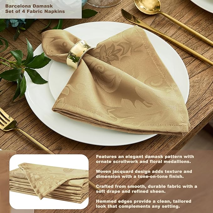 Newbridge Barcelona Damask Fabric Napkins, Set of 4, Gold – No Iron, Soil Resistant Cloth Napkins for Dining, Parties and Holidays