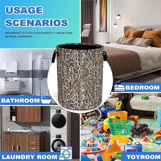 Faux Snakeskin Pattern Laundry Basket Oxford Cloth Python Laundry Hamper With Handle Foldable Portable Clothes Storage Basket 18.9 X 16.5 In Storage Bag For Laundry Room/Bathroom/Bedroom/Dormitories