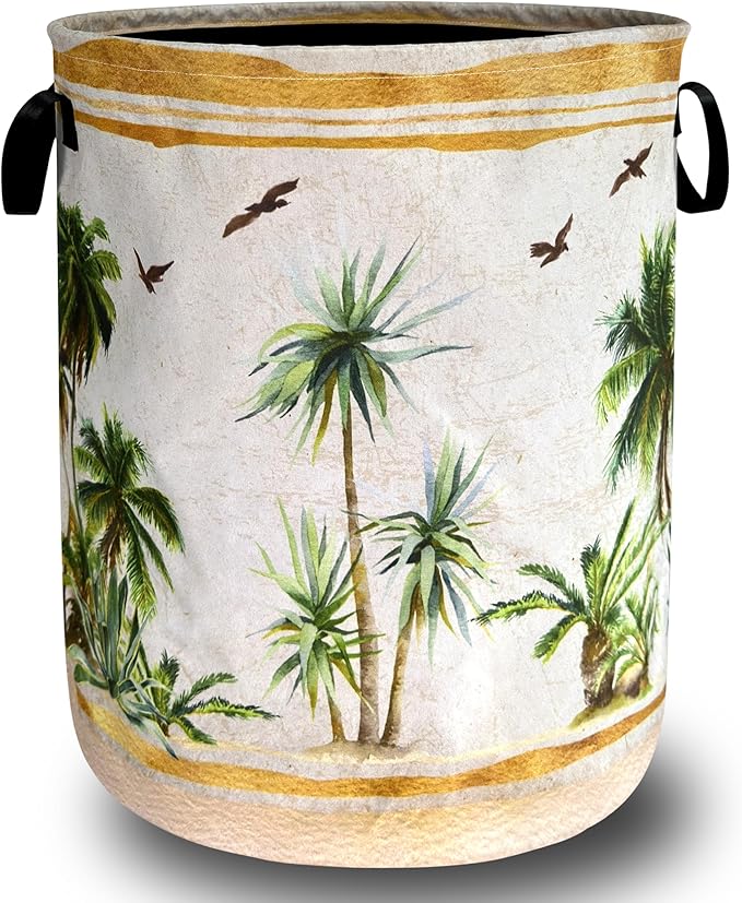 Tropical Palm Trees Laundry Hamper Foldable Oxford Cloth Retro Hawaii Laundry Basket With Handle Portable Clothes Storage Basket Funny Laundry Bag 18.9"x16.5" For Laundry Room/Bedroom/Bathrooms
