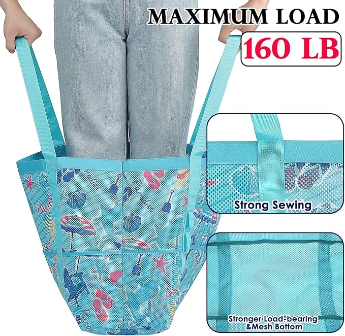 Fammart Mesh Beach Bag, Large Beach Tote with Zipper Pocket for Family Pool Bag for Toys & Vacation Essentials