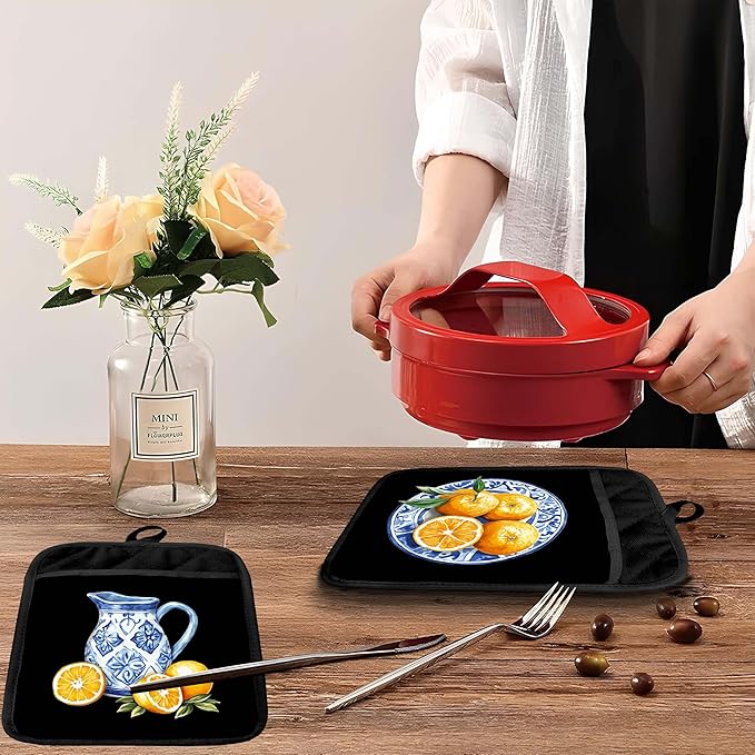 Chinoiserie Orange Fruit Pot Holders with Pockets, Blue and White Grandmillennial Oranges Fruit Oven Pot Holders Heat Resistant Oven Mitts Hot Pads for Kitchen Baking Cooking