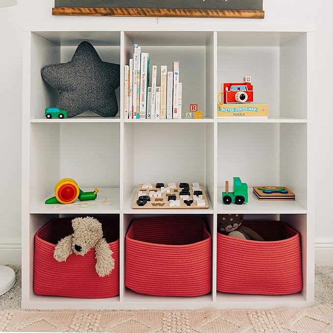 OrganiHaus Woven Storage Baskets for Organizing, Cotton Rope Organizer Bins for Shelves, Closet & Nursery, Dog Toy Basket, Decorative Bins for Toys, Towels & Books - 15x10x9, Coral