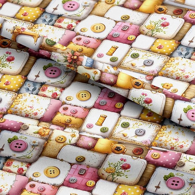 Vintage Sewing Notions Patchwork Cotton Fabric Panel 61 x 36.6 Inches, Buttons & Threads Quilt Print, Soft Pastel Multicolor Tones, 100% Cotton 140 GSM