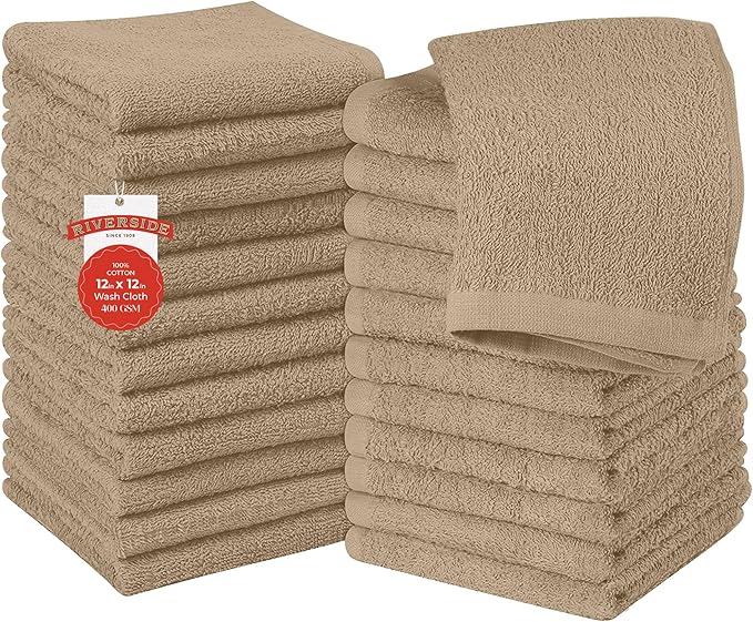RIVERSIDE 24 Pack Washcloths Set - 100% Cotton [12x12 Inches] - 500 GSM, Soft, Quick-Dry & Highly Absorbent Face Towels - Perfect for Bathroom, Gym, Hotel, Spa & Travel - Tan