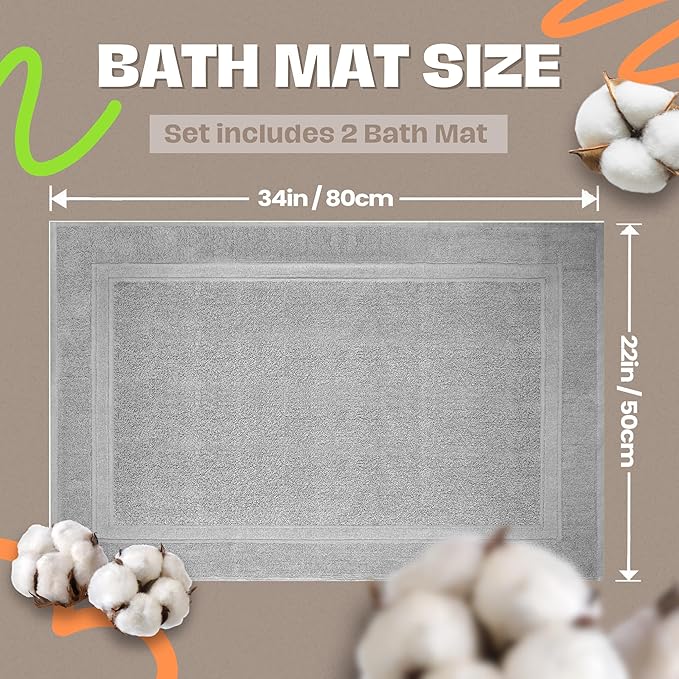 Infinitee Xclusives Premium Cotton Bath Mats for Bathroom – Pack of 2 | 34x22 Inches | Ultra Soft, Super Absorbent, Non-Slip, Machine Washable Mats (Charming Grey) [Not a Rug]