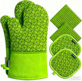 Oven Mitts and Pot Holders Sets 6pcs, Kitchen Oven Glove,High Heat Resistant 550 Degree Extra Long Oven Mitts and Potholders with Non-Slip Silicone Surface for Home Essentials (Grey) (Meadow Green)