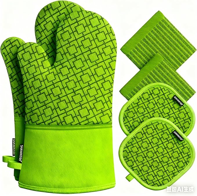 Oven Mitts and Pot Holders Sets 6pcs, Kitchen Oven Glove,High Heat Resistant 550 Degree Extra Long Oven Mitts and Potholders with Non-Slip Silicone Surface for Home Essentials (Grey) (Meadow Green)