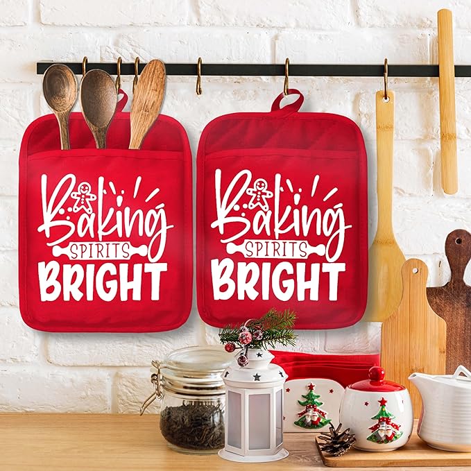 Red Christmas Baker Pot Holders with Pockets, Baking Spirits Bright Holiday Christmas Gingerbread Oven Pot Holders Heat Resistant Oven Mitts Hot Pads for Kitchen Baking Cooking